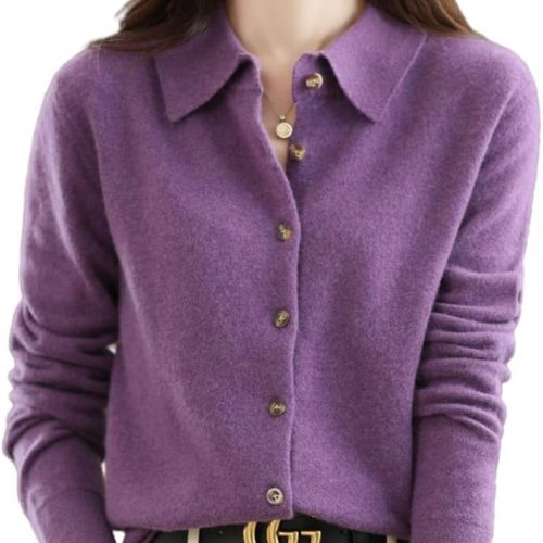100% Merino Wool Sweaters Women's Fall Winter Warm Soft Knitted Shirt Lapel Polo Collar Cardigan Long Sleeves