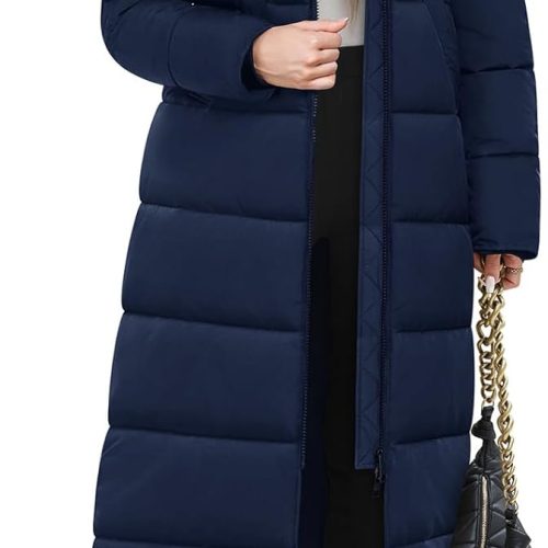 Long Winter Puffer Coat for Women Winter Faux Fur Quilted Jackets with Detachable Hood Maxi Length Zip Outerwear