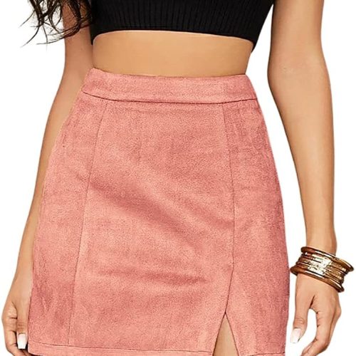 Women's High Waist Faux Suede Side Split Bodycon Short Mini Skirt