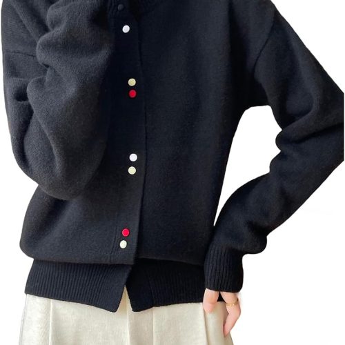 Women's Crewneck 100% Merino Wool Sweater 2025 Spring Fall Solid Long Sleeve Colorful Buttons Cardigan Sweater
