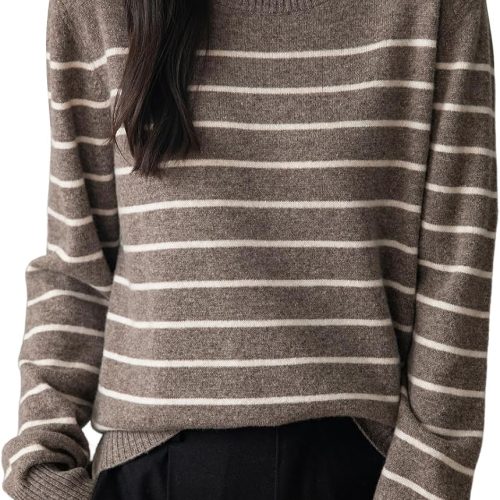 Women's 100% Merino Wool Sweater 2025 Fall Winter Crew Neck Striped Long Sleeve Warm Soft Knit Sweater