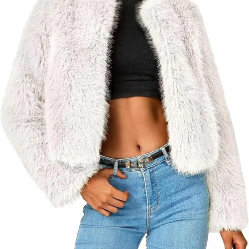 Faux Fur Jacket Women Long Sleeve Open Front Cropped Cardigan Warm Winter Shaggy Fluffy Short Fur Coat