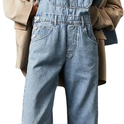 Women Denim Long Jumpsuit Casual Bib Wide Leg Adjustable Strap Romper Pants 90s Retro  Dungaree Overalls
