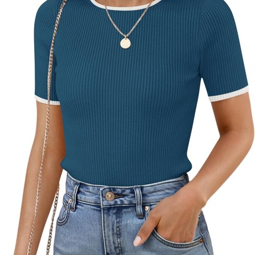 Women's Summer Short Sleeve Ribbed Knit Slim Fit T Shirt 2026 Crewneck Basic Casual Color Block Tee Tops