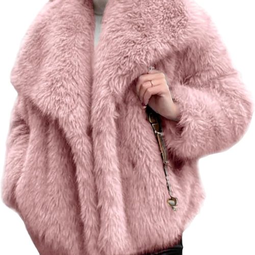 Women's Cropped Faux Fur Jacket Lapel Open Front Shaggy Furry Coat 2026 Winter Warm Fluffy Overcoat