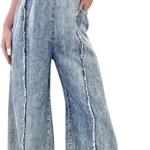 Women Loose Fit Denim Jumpsuit Adjustable Straps Wide Leg Long Pants Frayed Jean Overalls