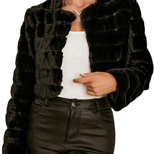 Women's Faux Fur Cropped Jacket Solid Open Front Long Sleeve Outerwear Flannel Fuzzy Crop Coat