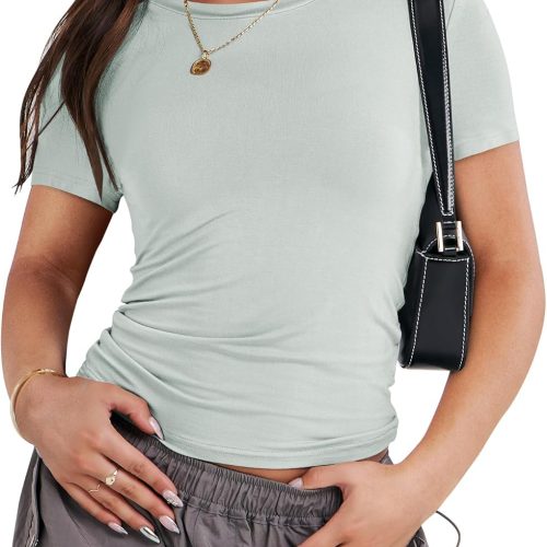 Women’s Short Sleeve Summer T Shirts Crew Neck Slim Fit Basic Tees 2026 Crop Tops Y2k Clothes Outfits