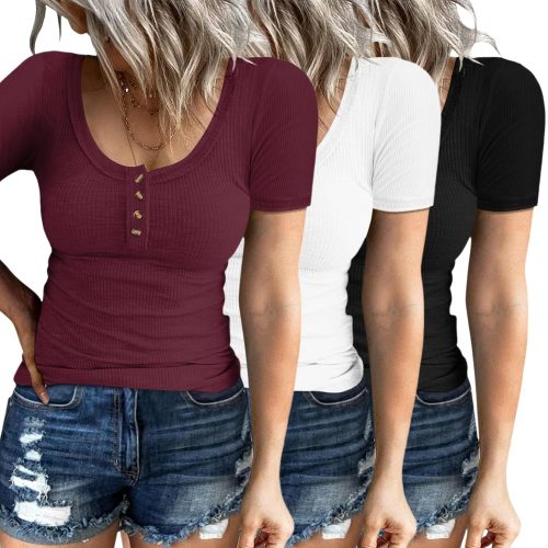 Women's Short Sleeve Tops 3 Pack Ribbed Knit Scoop Neck Button Down Tees Henley Summer Basic Shirts 2026