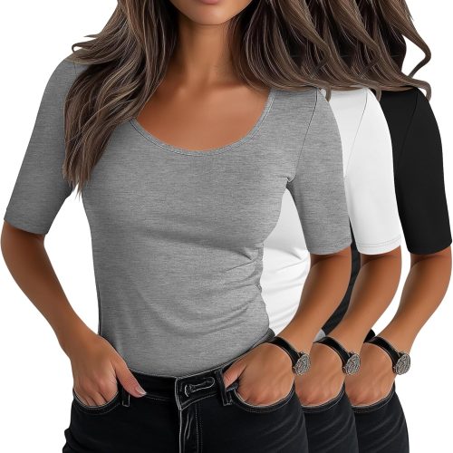 3 Pack Women's Scoop Neck Stretchy Tops Cotton Half Sleeve Slim Fitted T-Shirts Tight Casual Basic Summer Tees