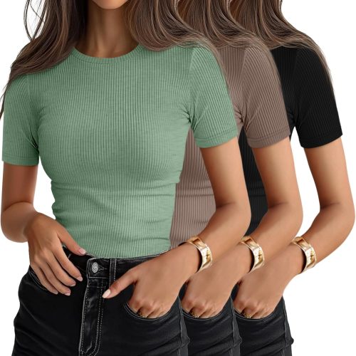 3 Pack Women's Ribbed T-Shirts, Cotton Short Sleeve Basic Tees Crewneck Fitted Tops Casual Shirts 2026 Summer Trendy